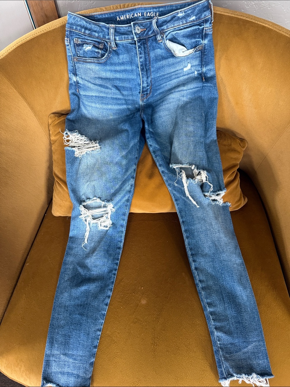 American Eagle Outfitters Distressed Medium Blue Skinny Jeans for Men